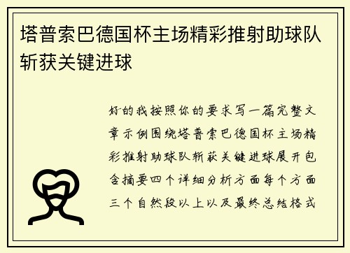 塔普索巴德国杯主场精彩推射助球队斩获关键进球 塔普索巴德国杯主场精彩推射助球队斩获关键进球