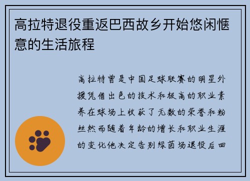 高拉特退役重返巴西故乡开始悠闲惬意的生活旅程 高拉特退役重返巴西故乡开始悠闲惬意的生活旅程